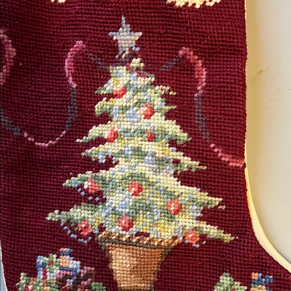 Vintage Needlepoint Wool Festive Holiday Christmas Stocking with Tree and Gifts - Picture 5 of 10